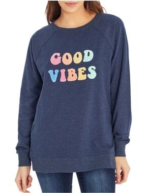 Wildfox Good Vibes Oversized Sweatshirt Navy Blue Fuzzy Letters Size Medium